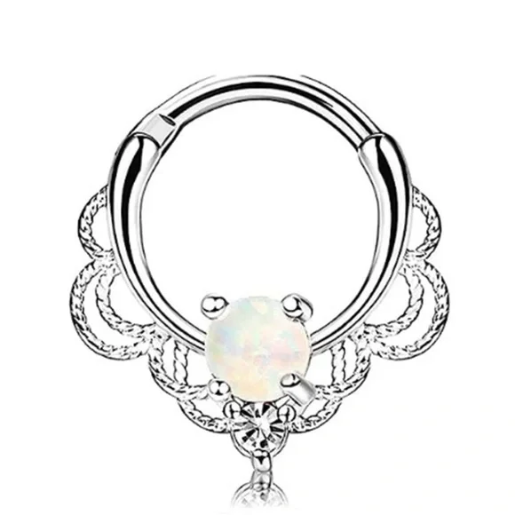 16G Opal & CZ Surgical Steel 10mm Single Hoop Septum/ Daith Clicker NWT - Picture 6 of 11